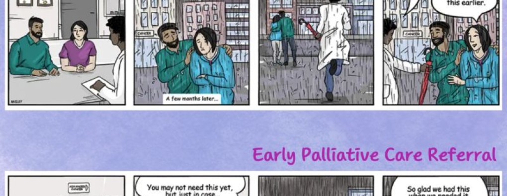 Pakkende strip toont: “Palliatieve zorg is de paraplu, niet de regen.”